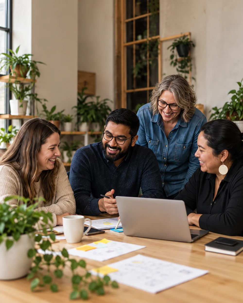 Illustrative scene of people working together around a table