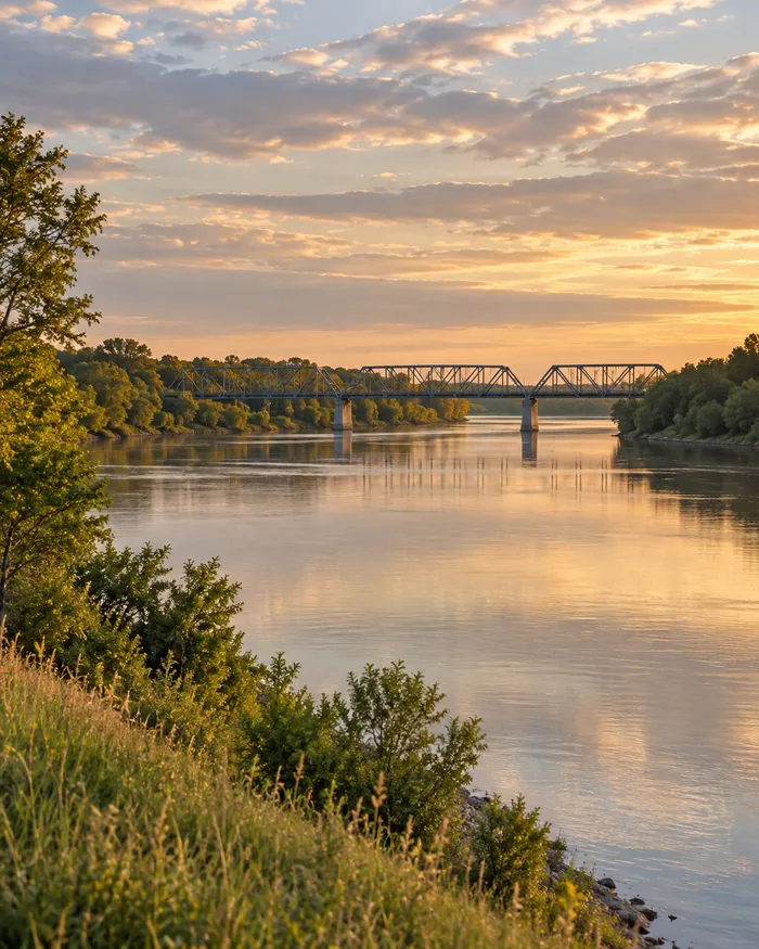 Illustrative prairie river landscape at sunset